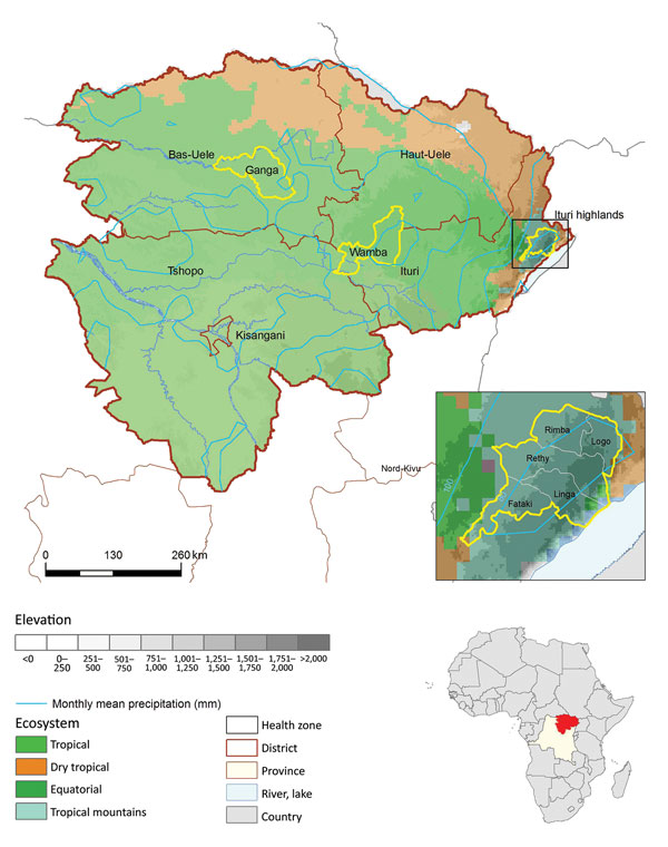 Location of spatial clusters of bubonic and pneumonic plague, Orientale Province, Democratic Republic of the Congo, 2004–2014. Yellow circles indicate clusters of health zones determined by Spatial scan analysis. p values were &lt;0.001, except for Wamba (p = 0.053). First inset shows the Ituri cluster constrained by frontiers; Oliveira F was 1 for Linga, Logo, Rethy, and Rimba and 0.69 for Fataki. Second inset shows location of DRC in Africa. The 4 ecosystems follow those described at http://ww