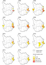 Thumbnail of Yearly distribution of bubonic plague in Ituri and Haut-Uele districts, Orientale Province, Democratic Republic of the Congo, 2004–2014. The 2 eastern districts of Orientale Province (Ituri in the south and Haut-Uele in the north) were the only districts reporting bubonic plague during the study period. Highlands of Ituri had suspected cases every year. Incidence is per 100,000 population.