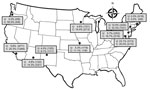 Thumbnail of Prevalence of fluoroquinolone-resistant Escherichia coli infection among emergency department patients with uncomplicated (U) and complicated (C) pyelonephritis by study site, United States, July 2013–December 2014. Study sites are listed in the Technical Appendix; Technical Appendix Tables 2 and 3 provide additional results on antimicrobial resistance rates. In vitro resistance to ciprofloxacin and/or levofloxacin is shown as % (no. of patients with a resistant isolate/total no. of