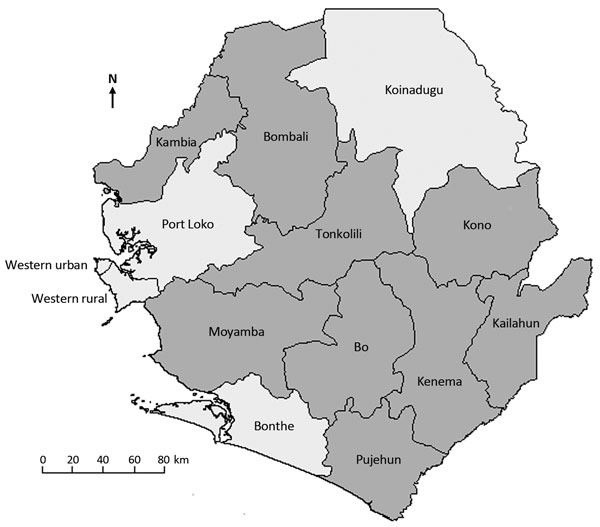 Nine districts (dark gray shading) where community event–based surveillance for Ebola virus disease was operational, Sierra Leone, February 27–September 30, 2015.