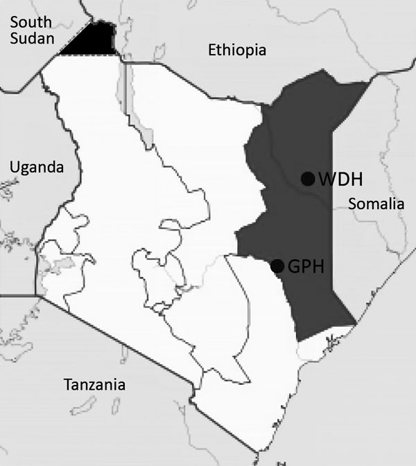 Locations of the 2 hospitals in the Northeastern Province of Kenya (dark gray shading) where human brucellosis was diagnosed in febrile patients seeking treatment, Kenya, 2014–2015. The solid black area in northwestern Kenya represents disputed territory among Kenya, Ethiopia, and South Sudan. GPH, Garissa Provincial Hospital; WDH, Wajir District Hospital.