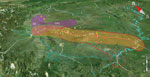 Thumbnail of Geographic locations and affected region of major highways and piglet breeding companies associated with outbreaks of human infection with Streptococcus suis minimum core genome type 1 sequence type 7, Sichuan Province, China, 2005. Colored bubbles represent Sichuan clades 2–6 (purple, red, blue, green, and orange, respectively). Stars represent the piglet breeding companies, dashed lines represent the associated highways, and colors are consistent with the clades they are related t