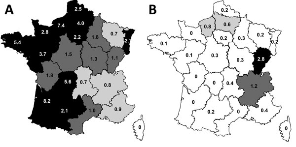 Regional 10-year cumulative incidence rates of hemolytic uremic syndrome cases caused by enterohemorrhagic Escherichia coli serotypes O157:H7 and O80:H2, France, January 2005–October 2014. A) Serotype O157:H7. B) Serotype O80:H2. White, &lt;0.5 cases/100,000 children; light gray shading, 0.5–0.7 cases/100,000 children; medium gray shading, 0.8–0.9 cases/100,000 children; dark gray shading, 1–2 cases/100,000 children; black, &gt;2 cases/100,000 children.