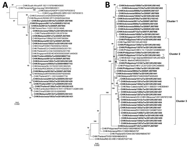 Phylogenetic analysis of chikungunya virus (CHIKV) isolates from imported cases of chikungunya in Taiwan, 2006–2014. Trees show genetic relationships of the Asian genotype (A) and East/Central/South African genotype (B) of CHIKV isolates; clusters are shown in (B). Trees were generated by using nucleotide sequences (3,747 bp) of complete structural protein genes C-E3-E2-6K-E1 (capsid–envelope–6K) of CHIKV strains. Sequences obtained in this study are indicated in bold. Viruses are identified by 