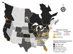 Thumbnail of Locations for participant sampling in a study of Baylisascaris procyonis roundworm seroprevalence among wildlife rehabilitators, United States and Canada, 2012–2015. Yellow dots indicate counties (USA) or township/municipality (Canada) in which enrolled persons reported practicing wildlife rehabilitation. Red dots indicate locations of seropositive persons. Shading of states/provinces indicates general state/province level prevalence of B. procyonis in raccoons based on published re