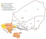 Thumbnail of Distribution of Neisseria meningitidis isolates by district in Niger during the 2015 epidemic. Dogon-doutchi: 23 (NmC 15; NmW 8); Filingue: 2 (NmC 2); Gaya 2 (NmC 1; NmW 1); Guidan-Roumji: 1 (NmW 1); Illela: 1 (NmC 1); Kollo: 10 (NmC 5; NmW 5); Madaoua: 1 (NmW 1); Madarounfa: 1 (NmW 1); Niamey: 39 (NmC 37; NmW 2); Ouallam: 3 (NmC 2; NmW 1); Say: 3 (NmC 2; NmW 1); Téra: 11 (NmC 11).