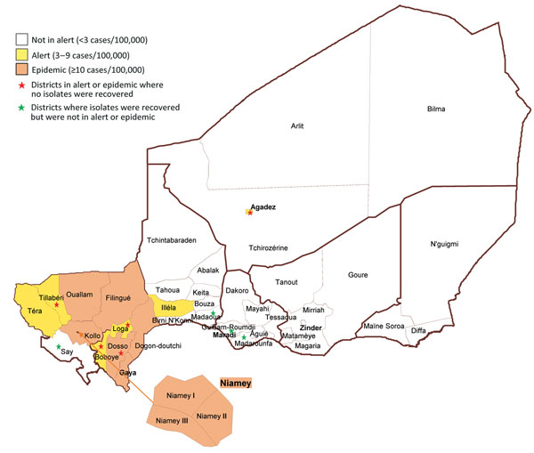 Distribution of Neisseria meningitidis isolates by district in Niger during the 2015 epidemic. Dogon-doutchi: 23 (NmC 15; NmW 8); Filingue: 2 (NmC 2); Gaya 2 (NmC 1; NmW 1); Guidan-Roumji: 1 (NmW 1); Illela: 1 (NmC 1); Kollo: 10 (NmC 5; NmW 5); Madaoua: 1 (NmW 1); Madarounfa: 1 (NmW 1); Niamey: 39 (NmC 37; NmW 2); Ouallam: 3 (NmC 2; NmW 1); Say: 3 (NmC 2; NmW 1); Téra: 11 (NmC 11).