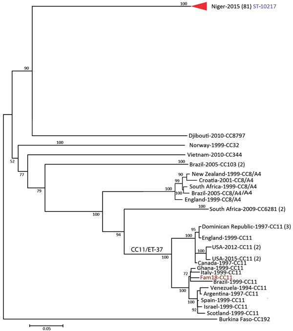 Phylogenetic tree of the Neisseria meningitidis serogroup C isolates, labeled with country of origin, year of isolation, and multilocus sequence typing (MLST) group (clonal complex or sequence type). Internal nodes are labeled with bootstrap values. The scale bar is based on the 13,746 positions in the core single nucleotide polymorphism (SNP) matrix.