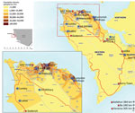 Thumbnail of Location of Ebola holding units (blue star) and Ebola treatment centers (red circle), Western Area, Sierra Leone, January 2015. Population density map source: MapAction (cited 2015 Nov 8); reproduced with permission. Population figures are projected for 2014 from the 2004 census (http://www.mapaction.org/?option=com_mapcat&amp;view=mapdetail&amp;id=3589)..