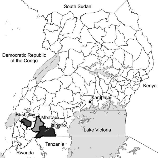 Districts where surveys of asymptomatic children were conducted to determine Plasmodium infections, southwestern Uganda. 