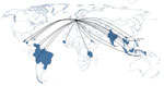 Thumbnail of Geographic origin of dengue viruses isolated from travelers returning to Germany, 2006–2015. 