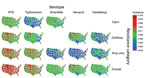Thumbnail of Estimated incidence of infection with all NTS and major serotypes with clinically important resistance (no. infections per 100,000 person-years), by state and resistance category, United States, 2004–2012. Estimates were derived by using Bayesian hierarchical models. All NTS includes the 4 major and other serotypes. Isolates in each category may have resistance to other agents. Data on Cipro among Newport (8 isolates), Cipro among Heidelberg (7), and Cef/Amp among Enteritidis (2) we