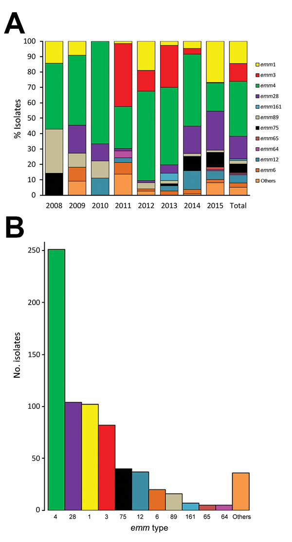 emm type characterization of group A Streptococcus isolates from patients with scarlet fever, Gwangju, South Korea, 2008–2015. A) Annual fluctuations of emm types. Number of isolates by year: 7 in 2008, 11 in 2009, 9 in 2010, 66 in 2011, 74 in 2012, 147 in 2013, 107 in 2014, and 284 in 2015. B) Total number of isolates by emm type. Others refers to rarely found emm types (emm11, emm13, emm17, emm23, emm26, emm30, emm31, emm43, emm49, emm59, emm81, emm82, emm87, emm101, emm107, emm131, emm135, em