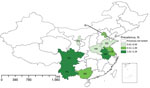 Thumbnail of Prevalence of pathogenic Yersinia enterocolitica infection among children &lt;5 years of age with diarrhea, by region, China, 2010–2015. Inset shows the islands of China in the South China Sea. AH, Anhui; BJ, Beijing; GX, Guangxi; HA, Henan; JS, Jiangsu; NX, Ningxia; SC, Sichuan; SD, Shandong; TJ, Tianjin; YN, Yunnan.