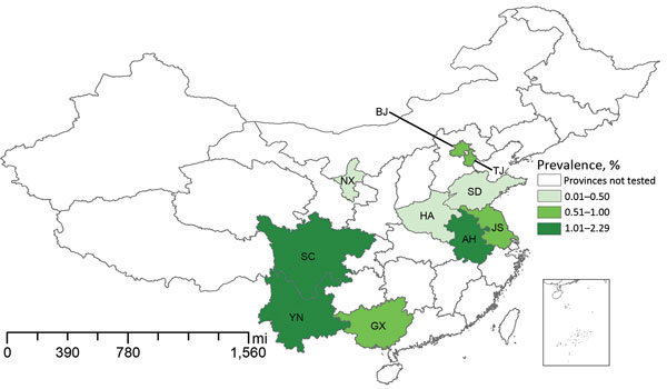 Prevalence of pathogenic Yersinia enterocolitica infection among children &lt;5 years of age with diarrhea, by region, China, 2010–2015. Inset shows the islands of China in the South China Sea. AH, Anhui; BJ, Beijing; GX, Guangxi; HA, Henan; JS, Jiangsu; NX, Ningxia; SC, Sichuan; SD, Shandong; TJ, Tianjin; YN, Yunnan.