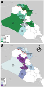Thumbnail of Location of camps and collective centers where persons were surveyed and vaccinated during a cholera outbreak and humanitarian crisis, Iraq, 2015. Numbers indicate targeted population; estimated 2-dose (A) and 1-dose (B) oral cholera vaccine coverages are shown in parentheses. White indicates governorates where surveys and vaccination were not conducted; black outlining indicates governorates; red line indicates border between the northern region and the southern and central regions