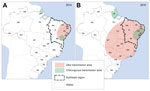 Thumbnail of Approximate distribution of areas of local spread of Zika virus in Brazil, 2014 and 2015. Source: adapted from (13). State abbreviations: AC, Acre; AL, Alagoas; AP, Amapá; AM, Amazonas; BA, Bahia; CE, Ceará; GO, Goiás; DF, Distrito Federal; ES, Espírito Santo; MA, Maranhão; MT, Mato Grosso; MS, Mato Grosso do Sul; MG, Minas Gerais’ PA, Pará; PB, Paraíba; PR, Paraná; PE, Pernambuco; PI, Piauí; RJ, Rio de Janeiro; RN, Rio Grande do Norte; RS, Rio Grande do Sul; RO, Rondônia; RR, Rorai