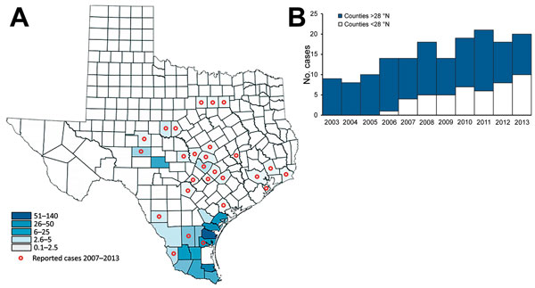 Geographic distribution of typhus group rickettsiosis, Texas, 2003–2013. A) County-level cumulative incidence per 100,000 population, 2003–2013, and spread into new geographic areas beginning in 2007. B) Incidence stratified by geographic location; &lt;28°N represents south Texas.