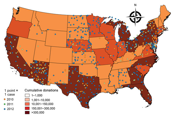 Geographic distribution of blood donations confirmed positive for West Nile virus (WNV) RNA, United States, June–October 2010–2012. The 640 confirmed WNV DNA–positive donations are represented by dots. Shading indicates cumulative number of donations for 2010–2012, by state, for catchment areas of &gt;1,000 donations.