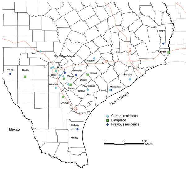 Current and previous residences of persons with likely autochthonous infection with Trypanosoma cruzi, south central Texas, USA, including 11 autochthonous donors with current residence and birthplace. County boundaries are shown. Previous residences in Texas were chosen if the case-patient reported living in the location &gt;5 years.