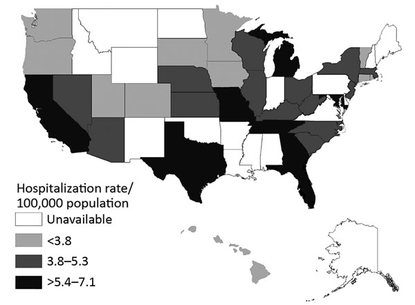 Average annual invasive candidiasis−associated hospitalizations, United States, 2002−2012. Data were provided by State Inpatient Databases through the Healthcare Cost and Utilization Project maintained by the US Agency for Healthcare Research and Quality. Diagnoses were classified by using Agency for Healthcare Research and Quality clinical classification software (17) and multiple codes and ranges from the International Classification of Diseases, 9th Revision, Clinical Modification.