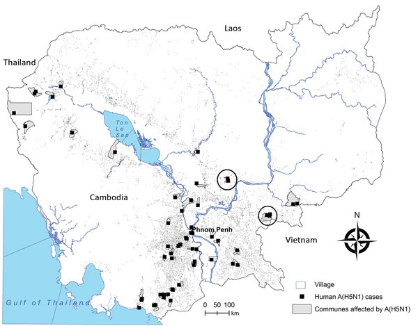 Geographic distribution of identified human cases in influenza A(H5N1)–affected villages, Cambodia, 2006–2014,  Institut Pasteur du Cambodge,  2005–2014 (circles indicate areas investigated in 2014). Village distribution reflects population density. “Commune affected by A(H5N1)” refers to Cambodian communes in which A(H5N1) virus infection was laboratory-confirmed among humans or poultry.