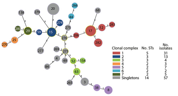 Minimum spanning tree representing the genetic relatedness of multilocus sequence types (MLSTs) of Streptococcus dysgalactiae subsp. equisimilis isolates from patients with group C and G Streptococcus causing severe infections, Winnipeg, Manitoba, Canada, 2012–2014. Genetic relatedness was determined by full goeBURST (global optimal eBurst; http://www.phyloviz.net) analysis using Streptococcus dysgalactiae MLST allelic profiles of 7 housekeeping genes. Numbers on nodes correspond to individual s