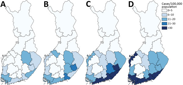 Incidence rates of microbiologically confirmed Lyme borreliosis cases, by hospital district and period, Finland, 1995–2014. A) 1995–1999; B) 2000–2004; C) 2005–2009; D) 2010–2014. The Åland Islands are not shown; only the hospital districts on the mainland are shown.