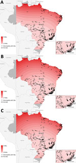 Thumbnail of Contour surface trends and directional vectors for reconstructing Zika introduction in Brazil. A) Date of case registration (model 1); B) earliest date between date of symptom onset (if available) and date of registration (model 2); C) earliest date between date of case registration, date of symptom onset, and date of case reporting by other sources (model 3). Each contour line represents a 1-day period, and contour lines farther apart show that the disease spread rapidly through an