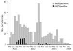 Thumbnail of HMPV positivity and seasonality among pregnant women in study of HMPV and pregnancy, Sarlahi, Nepal, April 2011–September 2013. Women were followed until 180 days after birth. HMPV, human metapneumovirus.