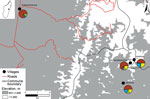 Thumbnail of Map of pneumonic plague outbreak (n = 14) in the commune of Ampasipotsy Gara in Moramanga, Madagascar, 2015. The index case-patient (case-patient 1) was infected with Yersinia pestis at Antsahatsianarina and spread the bacterium to Beravina (burial site of case-patient 1), Ambilona (case-patient 10’s home), and Ambatoharanana (burial site of case-patient 2 and home of case-patient 14). Each pie chart indicates the proportions of plague cases (red), seropositive contacts (blue), sero