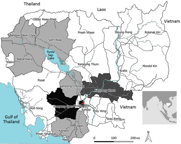 Geographic distribution of Zika virus in Cambodia. PCR- and IgM-positive cases were from 9 different provinces in north, central and south Cambodia. The 5 Zika virus–positive samples by quantitative real-time reverse transcription (qRT-PCR) in this study were distributed as follows: the 2007 (n = 1) sample was received from Kampong Cham province, and the other cases from 2008 (n = 1), 2009 (n = 2), and 2015 (n = 1) were from the Phnom Penh area (red star). The first case of Zika virus infection 