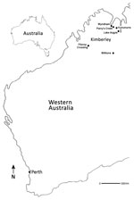 Thumbnail of Locations where Fitzroy River virus–positive mosquitoes were collected (black dots), Western Australia, Australia, 2011 and 2012. Perth (asterisk), the capital city and most densely populated area of Western Australia, is shown to indicate its distance from the Kimberley region. 