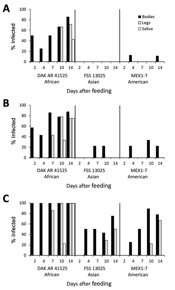 Infection, dissemination, and transmission of 3 Zika virus strains by Aedes aegypti mosquitoes from Salvador, Brazil, after artificial blood meals with a concentration of 4 log10 (A), 5 log10 (B), or 6 log10 (C) focus-forming units/mL.