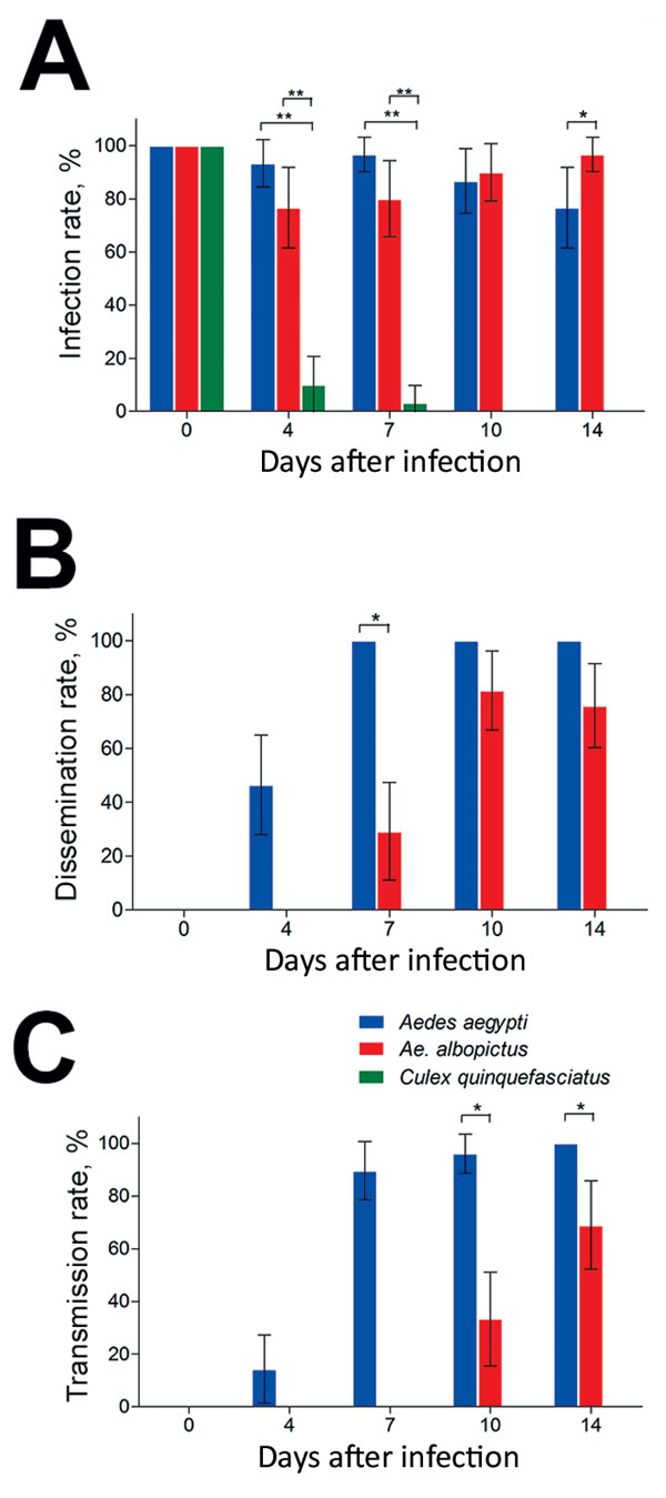 Vector competence of Zika virus in Aedes aegypti, Ae. albopictus, and Culex quinquefasciatus mosquitoes in China. The midguts, heads, and salivary glands from mosquitoes of the 3 species were dissected at 0, 4, 7, 10, and 14 days after infection, and Zika virus was detected by reverse transcription PCR. A) Infection rate (no. positive midguts/total no. midguts). B) Dissemination rate (no. positive heads/no. positive midguts). C) Transmission rate (no. positive salivary glands/no. positive midgut