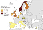 Thumbnail of Notification rate for cases of invasive of Haemophilus influenzae disease in 12 European countries, 2007–2014. A total of 10,624 cases were notified.
