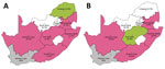 Thumbnail of Overall prevalence of HIV (A) and hepatitis B virus (B) in South Africa, by province, among persons making blood donations through the South African National Blood Service, January 2012–September 2015. Pink indicates a significantly higher odds ratio and green indicates a lower odds ratio compared with Gauteng Province (Johannesburg region) and adjusting for other factors. Unadjusted prevalences are shown in parentheses. NA, not applicable.