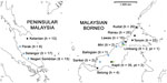 Thumbnail of Geographic distribution of DNA samples of Plasmodium knowlesi infections derived from 134 humans and 48 macaques across Malaysia. h, human samples; lt, long-tailed macaque samples ; pt, pig-tailed macaque samples.