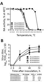 Thumbnail of Characterization of influenza B viruses detected in Laos, February 2016. A) Thermostability of neuraminidase (NA) determined after viruses were incubated for 15 min at 4°C or at 30°C–57°C. NA enzyme activity was determined by a fluorescence-based assay (4). B) Replication kinetics of influenza B viruses in fully differentiated human primary NHBE cells that were inoculated with the designated viruses (multiplicity of infection 0.001). Apical washes were taken at indicated times after