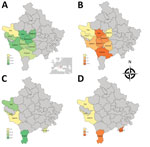 Thumbnail of Geographic distribution of rates of neutralizing antibodies against SFSV and TOSV in cattle and sheep, Kosovo, 2013. A) SFSV neutralizing antibodies in cattle. B) TOSV neutralizing antibodies in cattle. C) SFSV neutralizing antibodies in sheep. D) TOSV neutralizing antibodies in sheep. Inset in panel A shows location of Kosovo in Europe. SFSV, sandfly fever Sicilian virus; TOSV, Toscana virus.