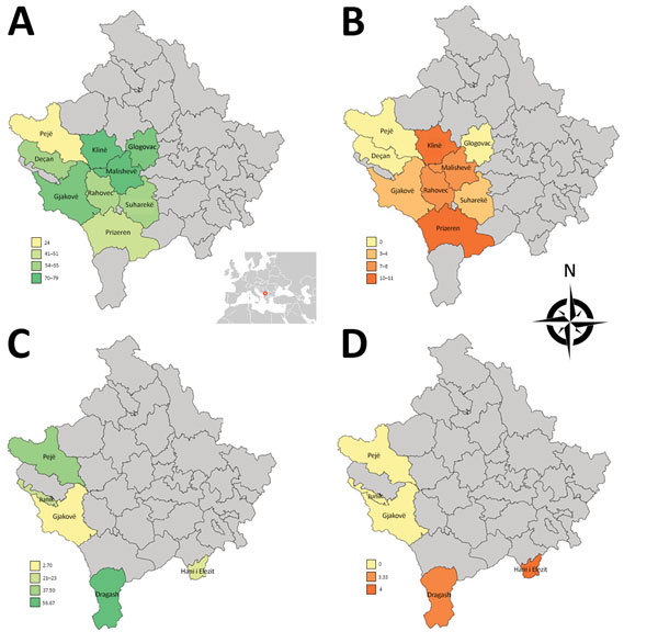 Geographic distribution of rates of neutralizing antibodies against SFSV and TOSV in cattle and sheep, Kosovo, 2013. A) SFSV neutralizing antibodies in cattle. B) TOSV neutralizing antibodies in cattle. C) SFSV neutralizing antibodies in sheep. D) TOSV neutralizing antibodies in sheep. Inset in panel A shows location of Kosovo in Europe. SFSV, sandfly fever Sicilian virus; TOSV, Toscana virus.