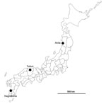 Thumbnail of Locations of confirmed highly pathogenic avian influenza virus A(H5N6) infections in Akita, Tottori, and Kagoshima Prefectures, Japan, 2016.