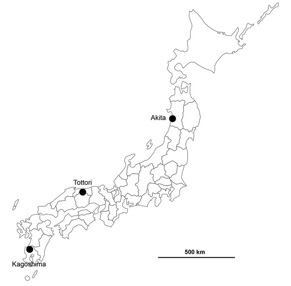 Locations of confirmed highly pathogenic avian influenza virus A(H5N6) infections in Akita, Tottori, and Kagoshima Prefectures, Japan, 2016.