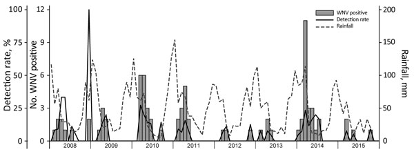 Seasonal occurrence of WNV in horses, South Africa, 2008–2015. Rainfall levels are indicated as a potential correlate for increases in the prevalence of the WNV mosquito vector, Culex univitattus. WNV, West Nile virus.