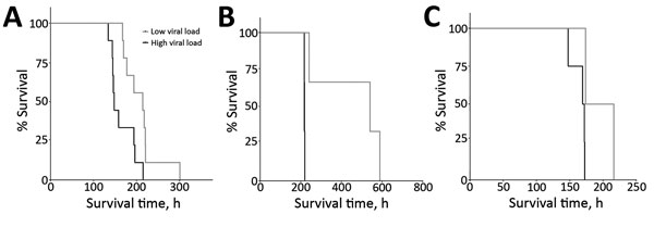 Survival curves, stratified by high (&gt;9 log10 RNA copies/mL) and low (&lt;9 log10 RNA copies/mL) viral loads, for each of 3 nonhuman primate models of Ebola virus disease. A) Comparison of survival on postinoculation day 5 for rhesus macaques infected with the Kikwit strain of Ebola virus (EBOV). Median survival time was 148.0 hours for macaques with high viral loads (n = 9) and 214.6 hours for macaques with low viral loads (n = 9). Comparison of the 2 survival curves yielded a statistically 