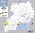 Thumbnail of Locations where patient with confirmed Marburg virus disease lived, worked, and was buried, Kampala, Uganda, 2014. Inset map shows location of Uganda in Africa.