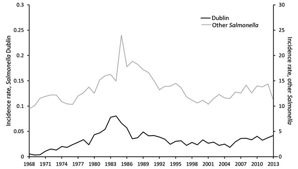 Incidence rates (no. cases/100,000 persons) for human infection with Salmonella enterica serotype Dublin and other nontyphoidal Salmonella, United States, 1968–2013. Data from the Centers for Disease Control and Prevention Laboratory-based Enteric Disease Surveillance system.