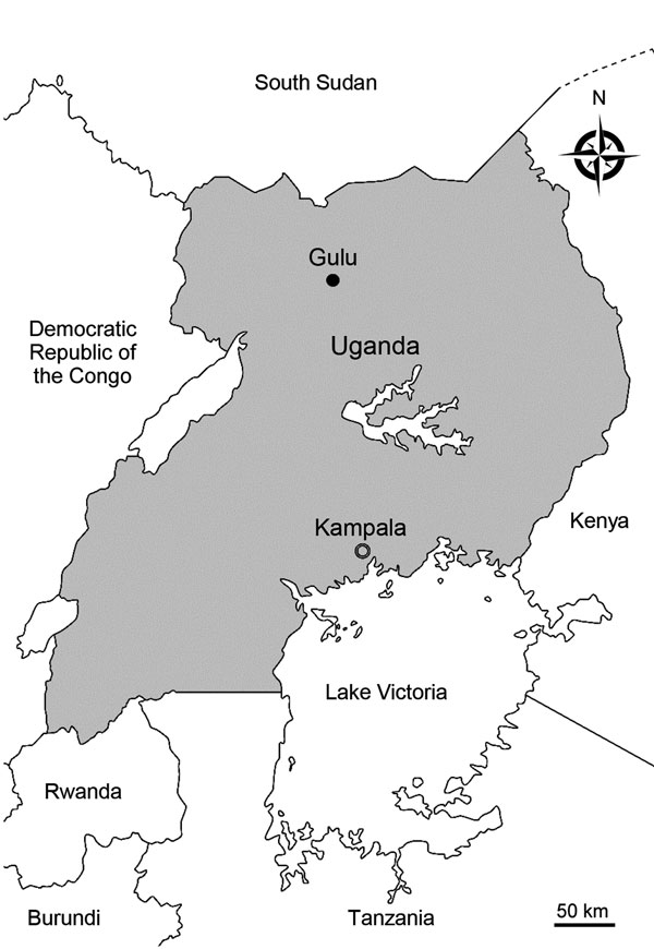 Site of <!-- INSERT SHAPE -->study of ex vivo ring-stage Plasmodium falciparum survival rates<!-- INSERT SHAPE --><!-- INSERT SHAPE -->, Gulu (black circle), northern Uganda, 2014–2016.