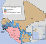 Thumbnail of Districts and regions in 4 countries in West Africa participating in program training and daily SMS zero-reporting, 2015. The city of Bamako in Mali is administratively divided into 6 discrete communes, each equivalent to 1 health district. These are too small to individually illustrate on the map, so only Bamako, comprising all 6 communes, is shown. STEP, Surveillance Training for Ebola Preparedness; SMS, short message service. Map created by Andrew Berens. Sources: Global Administ
