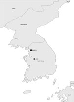 Thumbnail of Locations of Laboratory Response Networks in South Korea. BAACH, Brian Allgood Army Community Hospital, US Army Yongsan Garrison, Seoul; KCDC, Korea Center for Disease Control, Osong.
